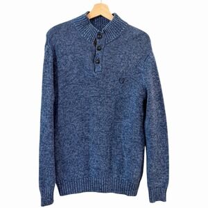 Chaps Ralph Lauren Sweater Men Blue Cotton Knit Henley Mock Neck Pullover Size M